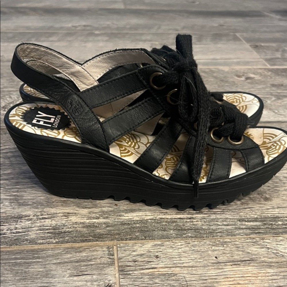 Fly London Women's Black Lace-Up Wedge Sandals